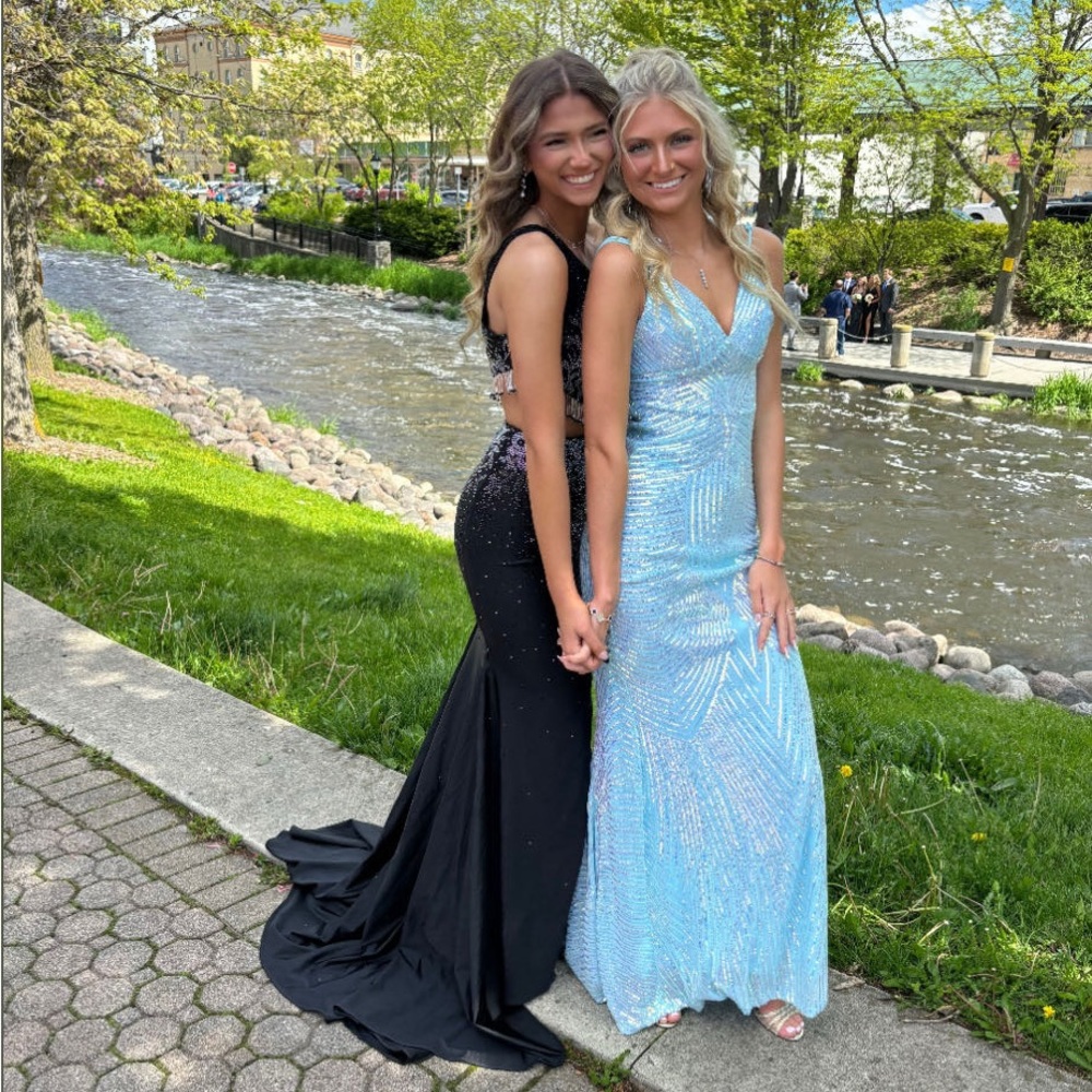 Windsor Blue Sequin Prom Dress with Plunging Neckline - Picture 4 of 11